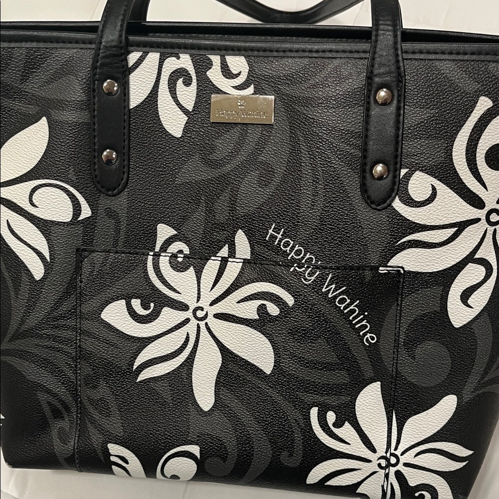 Happy Wahine Hawaii Black Floral Tote Bag with White Flower Print - Picture 4 of 5